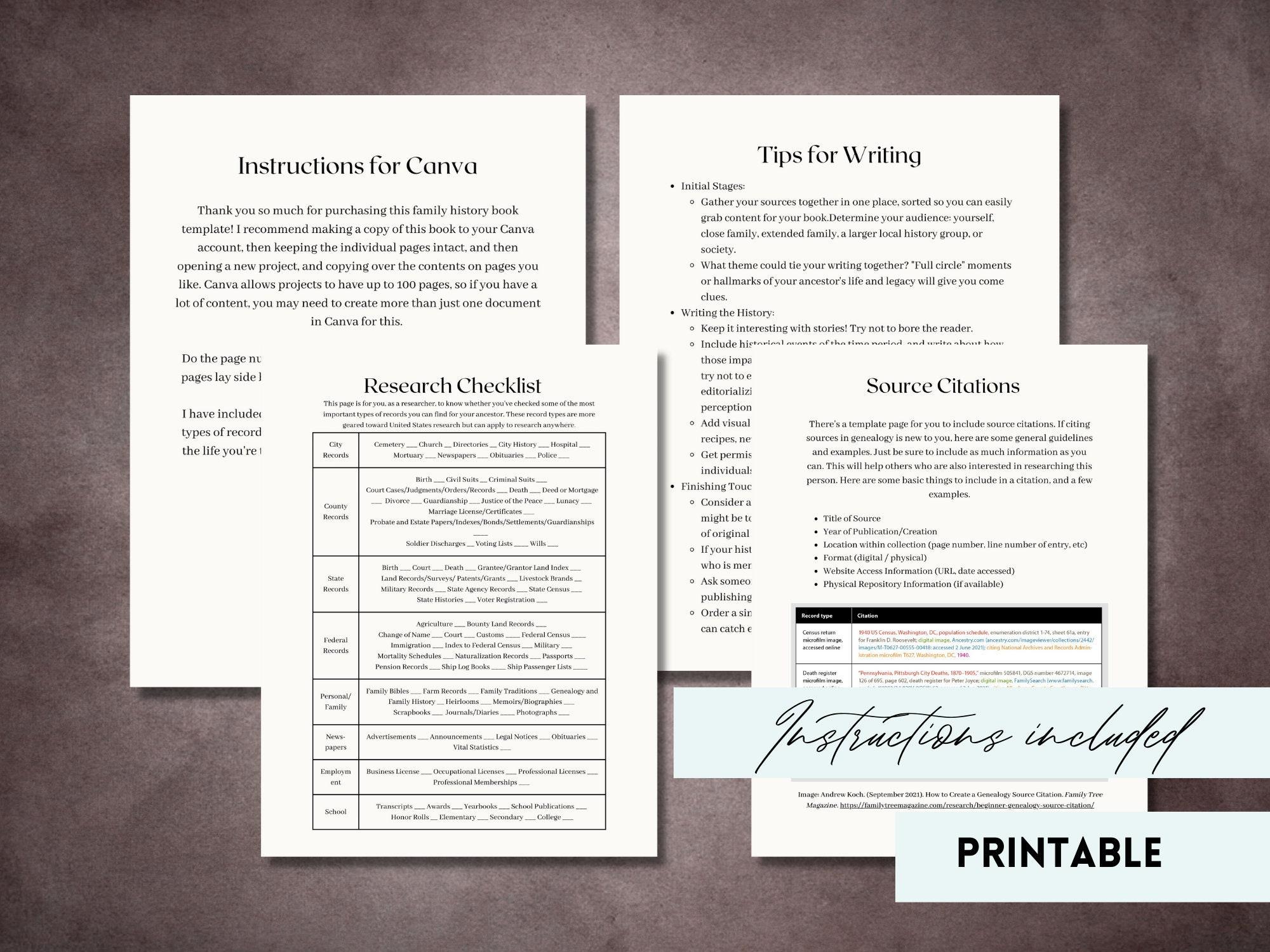 Genealogy Book Template 5.5x8.5 Life History Scrapbook Ancestry ...