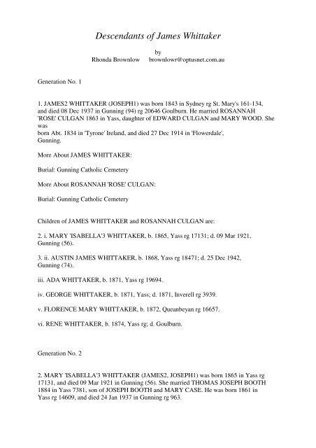 <b>Descendants</b> of James <b>Whittaker</b> - Gundaroo.info