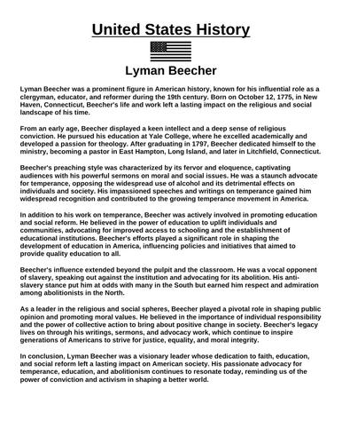 Lyman Beecher “Article & Questions” Assignment | Teaching Resources